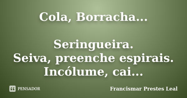 Cola, Borracha... Seringueira. Seiva, preenche espirais. Incólume, cai...... Frase de Francismar Prestes Leal.