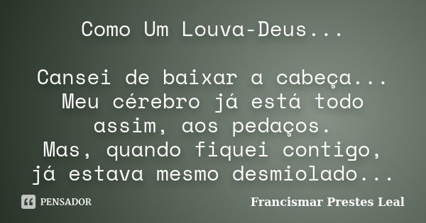 Como Um Louva-Deus... Cansei de baixar a cabeça... Meu cérebro já está todo assim, aos pedaços. Mas, quando fiquei contigo, já estava mesmo desmiolado...... Frase de Francismar Prestes Leal.