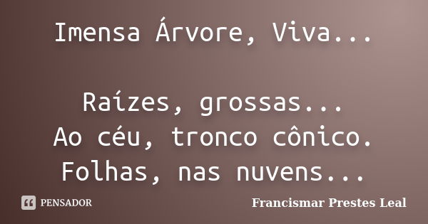 Imensa Árvore, Viva... Raízes, grossas... Ao céu, tronco cônico. Folhas, nas nuvens...... Frase de Francismar Prestes Leal.