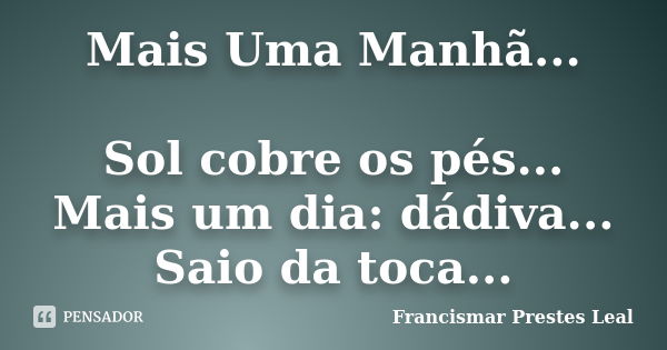 Mais Uma Manhã... Sol cobre os pés... Mais um dia: dádiva... Saio da toca...... Frase de Francismar Prestes Leal.