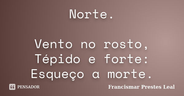 Norte. Vento no rosto, Tépido e forte: Esqueço a morte.... Frase de Francismar Prestes Leal.