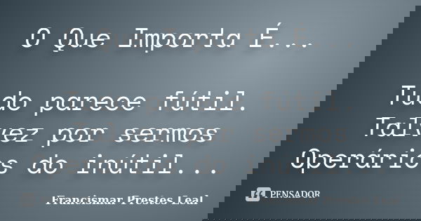 O Que Importa É... Tudo parece fútil. Talvez por sermos Operários do inútil...... Frase de Francismar Prestes Leal.