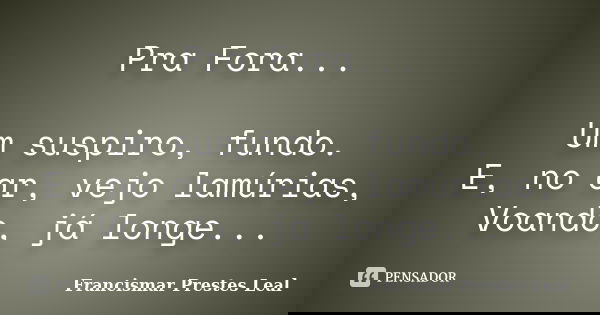 Pra Fora... Um suspiro, fundo. E, no ar, vejo lamúrias, Voando, já longe...... Frase de Francismar Prestes Leal.