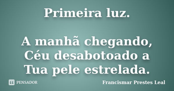 Primeira luz. A manhã chegando, Céu desabotoado a Tua pele estrelada.... Frase de Francismar Prestes Leal.