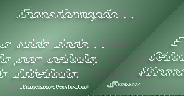 Transformação... E a vida indo... Célula por célula, Virando libélula.... Frase de Francismar Prestes Leal.