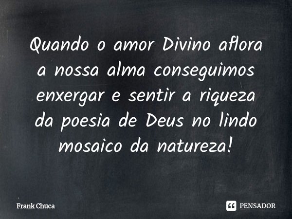 ⁠Quando o amor Divino aflora
a nossa alma conseguimos
enxergar e sentir a riqueza
da poesia de Deus no lindo
mosaico da natureza!... Frase de Frank Chuca.