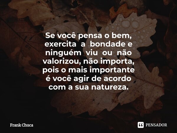 ⁠ Se você pensa o bem, exercita a bondade e ninguém viu ou não valorizou, não importa, pois o mais importante é você agir de acordo com a sua natureza.... Frase de Frank Chuca.