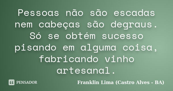 Pessoas não são escadas nem cabeças são degraus. Só se obtém sucesso pisando em alguma coisa, fabricando vinho artesanal.... Frase de Franklin Lima (Castro Alves - BA).