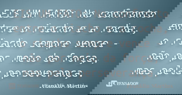 EIS UM FATO: No confronto entre o riacho e a rocha, o riacho sempre vence - não por meio da força, mas pela perseverança.... Frase de Franklin Martins.