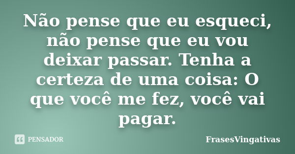 Não pense que eu esqueci, não pense que eu vou deixar passar. Tenha a certeza de uma coisa: O que você me fez, você vai pagar.... Frase de FrasesVingativas.