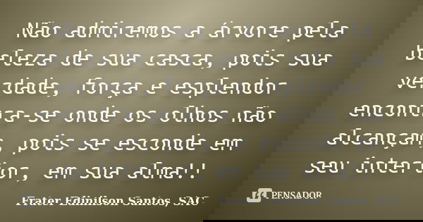 Não admiremos a árvore pela beleza de sua casca, pois sua verdade, força e esplendor encontra-se onde os olhos não alcançam, pois se esconde em seu interior, em... Frase de Frater Edinilson Santos, SAC.