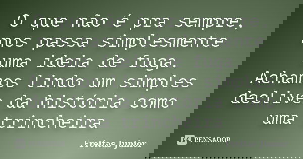 O que não é pra sempre, nos passa simplesmente uma ideia de fuga. Achamos lindo um simples declive da história como uma trincheira... Frase de Freitas Junior.