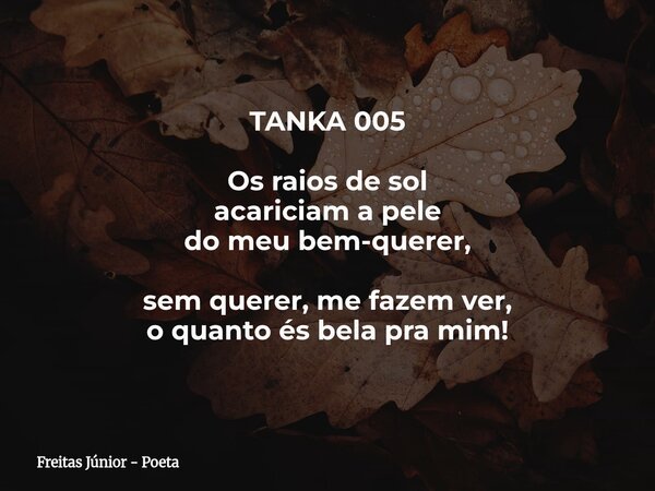 TANKA 005 Os raios de sol acariciam a pele do meu bem-querer, sem querer, me fazem ver, o quanto és bela pra mim!⁠... Frase de Freitas Júnior - Poeta.