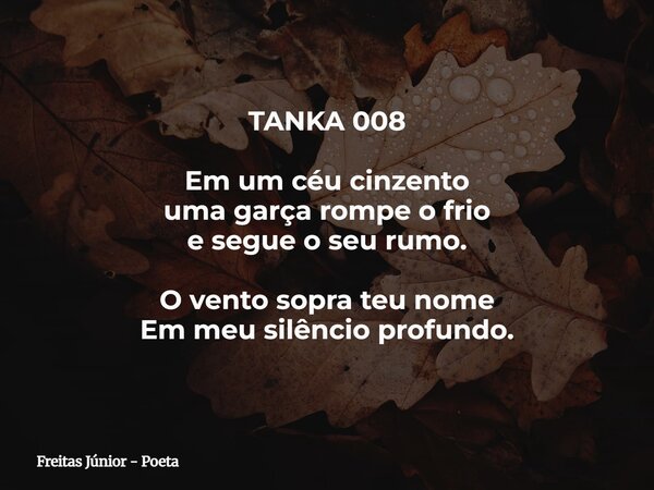 TANKA 008 Em um céu cinzento uma garça rompe o frio e segue o seu rumo. O vento sopra teu nome Em meu silêncio profundo.... Frase de Freitas Júnior - Poeta.