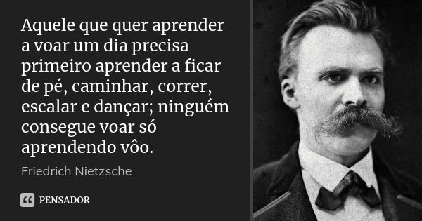 Aquele que quer aprender a voar um dia precisa primeiro aprender a ficar de pé, caminhar, correr, escalar e dançar; ninguém consegue voar só aprendendo vôo.... Frase de Friedrich Nietzsche.