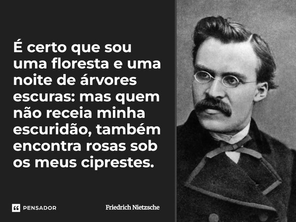 É certo que sou uma floresta e uma noite de árvores escuras: mas quem não receia minha escuridão, também encontra rosas sob os meus ciprestes.... Frase de Friedrich Nietzsche.