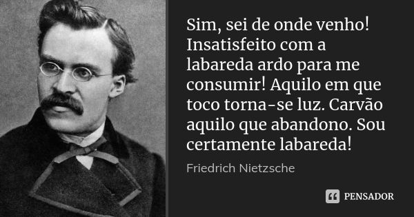 Sim, sei de onde venho! Insatisfeito com a labareda ardo para me consumir! Aquilo em que toco torna-se luz. Carvão aquilo que abandono. Sou certamente labareda!... Frase de Friedrich Nietzsche.