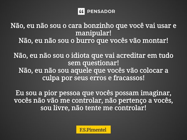 Não, eu não sou o cara bonzinho que você vai usar e manipular! Não, eu não sou o burro que vocês vão montar! Não, eu não sou o idiota que vai acreditar em tudo... Frase de F.S.Pimentel.