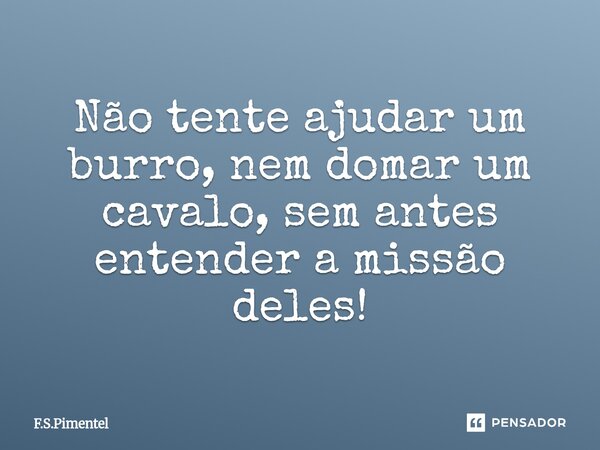 ⁠Não tente ajudar um burro, nem domar um cavalo, sem antes entender a missão deles!... Frase de F.S.Pimentel.