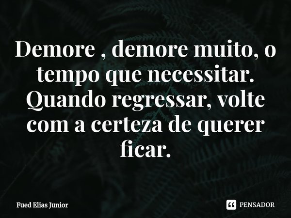 ⁠Demore , demore muito, o tempo que necessitar. Quando regressar, volte com a certeza de querer ficar.... Frase de Fued Elias Júnior.