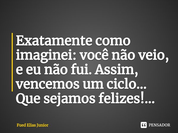 ⁠Exatamente como imaginei: você não veio, e eu não fui. Assim, vencemos um ciclo... Que sejamos felizes!...... Frase de Fued Elias Júnior.
