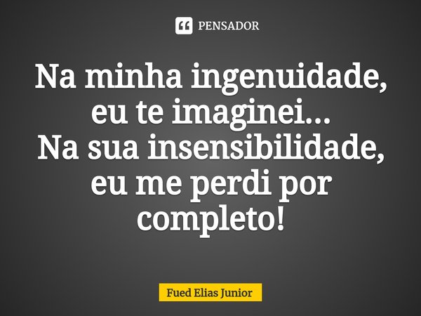 ⁠Na minha ingenuidade, eu te imaginei... Na sua insensibilidade, eu me perdi por completo!... Frase de Fued Elias Júnior.
