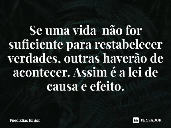 ⁠Se uma vida não for suficiente para restabelecer verdades, outras haverão de acontecer. Assim é a lei de causa e efeito.... Frase de Fued Elias Júnior.
