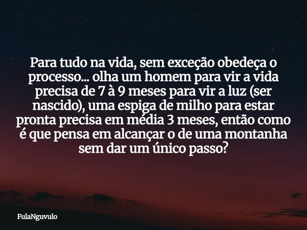 Para tudo na vida, sem exceção obedeça o processo⁠... olha um homem para vir a vida precisa de 7 à 9 meses para vir a luz (ser nascido), uma espiga de milho par... Frase de FulaNguvulo.
