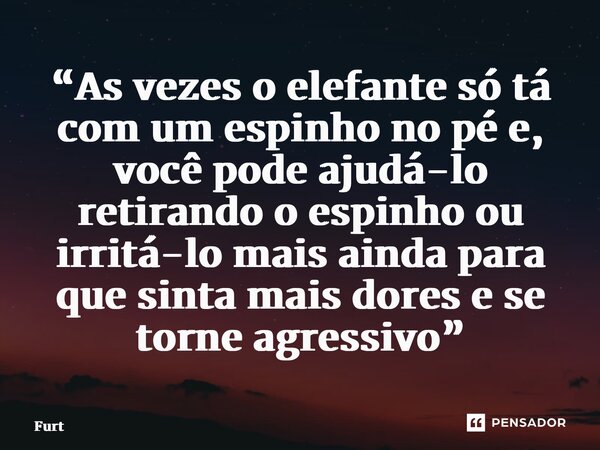 “As vezes o elefante só tá com um espinho no pé e, você pode ajudá-lo retirando o espinho ou irritá-lo mais ainda para que sinta mais dores e se torne agressivo... Frase de Furtado Brunno.