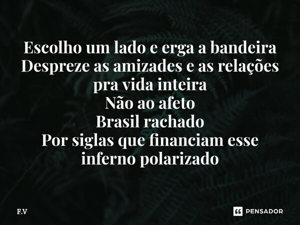 ⁠⁠Escolho um lado e erga a bandeira Despreze as amizades e as relações pra vida inteira Não ao afeto Brasil rachado Por siglas que financiam esse inferno polari... Frase de F.V.