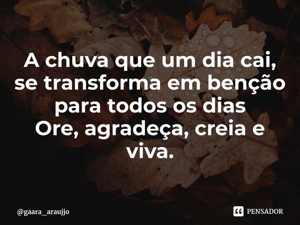 A chuva que um dia cai, se transforma em benção para todos os dias⁠
Ore, agradeça, creia e viva.... Frase de gaara_araujjo.