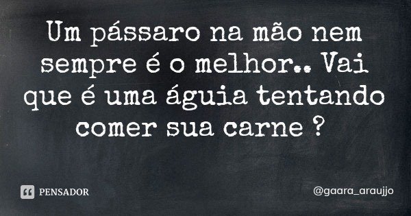 Um pássaro na mão nem sempre é o melhor.. Vai que é uma águia tentando comer sua carne ?... Frase de gaara_araujjo.