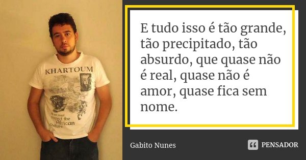 E tudo isso é tão grande, tão precipitado, tão absurdo, que quase não é real, quase não é amor, quase fica sem nome.... Frase de Gabito Nunes.