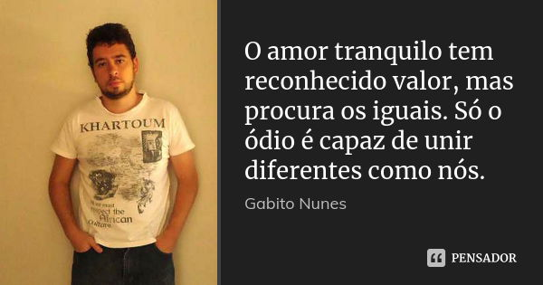 O amor tranquilo tem reconhecido valor, mas procura os iguais. Só o ódio é capaz de unir diferentes como nós.... Frase de Gabito Nunes.
