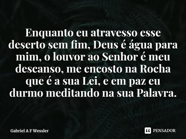 ⁠Enquanto eu atravesso esse deserto sem fim, Deus é água para mim, o louvor ao Senhor é meu descanso, me encosto na Rocha que é a sua Lei, e em paz eu durmo med... Frase de Gabriel A F Wessler.