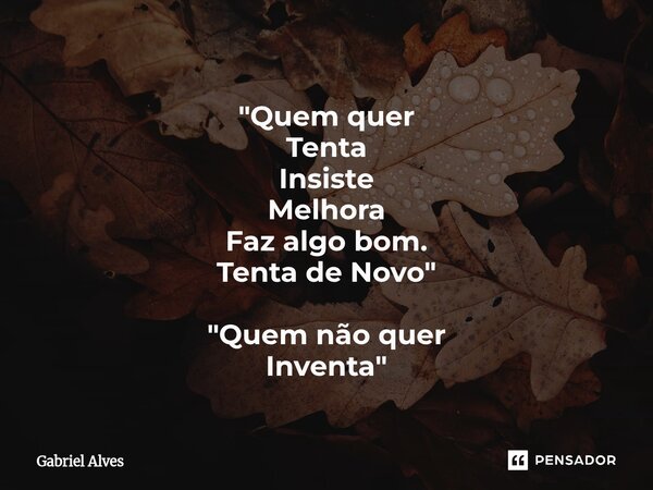 "⁠Quem quer Tenta Insiste Melhora Faz algo bom. Tenta de Novo " "Quem não quer Inventa"... Frase de Gabriel Alves.