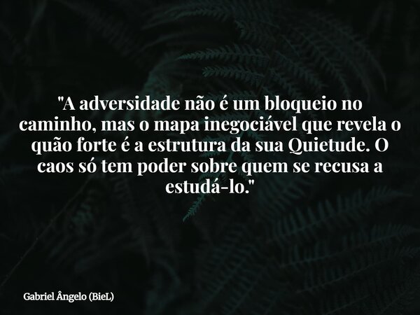 "A adversidade não é um bloqueio no caminho, mas o mapa inegociável que revela o quão forte é a estrutura da sua Quietude. O caos só tem poder sobre quem s... Frase de Gabriel Ângelo (BieL).