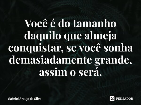 Você é do tamanho daquilo que almeja conquistar, se você sonha demasiadamente grande, assim o será.... Frase de Gabriel Araujo da Silva.