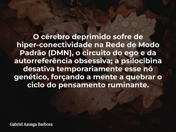 O cérebro deprimido sofre de hiper-conectividade na Rede de Modo Padrão (DMN), o circuito do ego e da autorreferência obsessiva; a psilocibina desativa temporar... Frase de Gabriel Azuaga Barbosa.