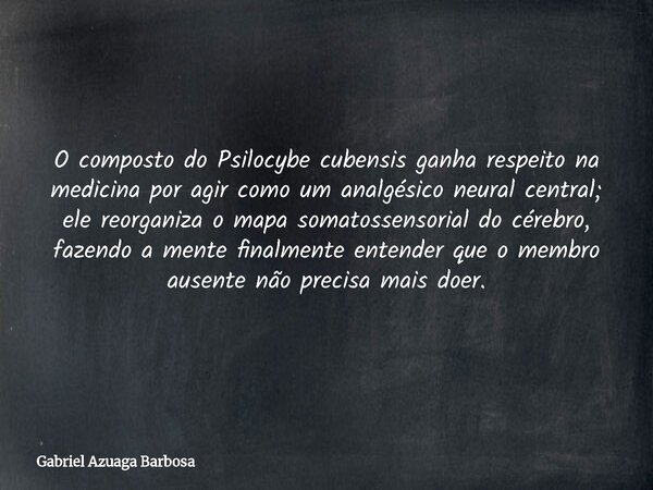 O composto do Psilocybe cubensis ganha respeito na medicina por agir como um analgésico neural central; ele reorganiza o mapa somatossensorial do cérebro, fazen... Frase de Gabriel Azuaga Barbosa.