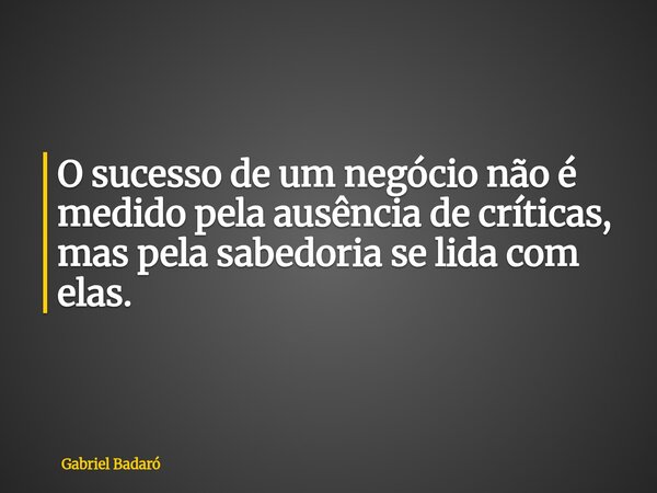 O sucesso de um negócio não é medido pela ausência de críticas, mas pela sabedoria se lida com elas.... Frase de Gabriel Badaró.