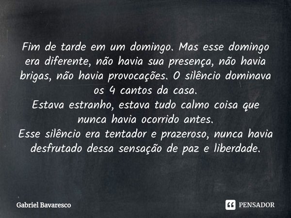 Fim de tarde em um domingo. Mas esse domingo era diferente, não havia sua presença, não havia brigas, não havia provocações. O silêncio dominava os 4 cantos da... Frase de Gabriel Bavaresco.