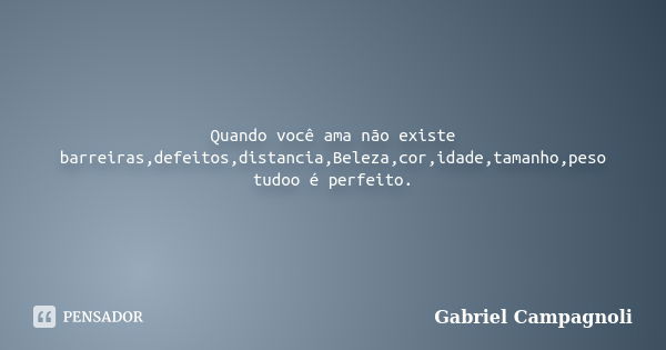 Quando você ama não existe barreiras,defeitos,distancia,Beleza,cor,idade,tamanho,peso tudoo é perfeito.... Frase de Gabriel Campagnoli.