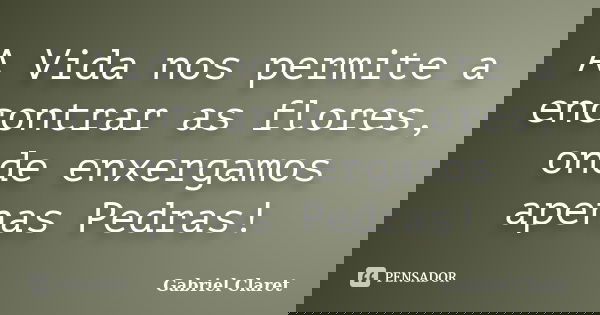 A Vida nos permite a encontrar as flores, onde enxergamos apenas Pedras!... Frase de Gabriel Claret.