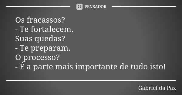 Os fracassos? - Te fortalecem. Suas quedas? - Te preparam. O processo? - É a parte mais importante de tudo isto!... Frase de Gabriel da Paz.