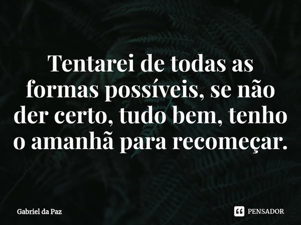 Tentarei de todas as formas possíveis, se não der certo, tudo bem, tenho o amanhã para recomeçar.... Frase de Gabriel da Paz.