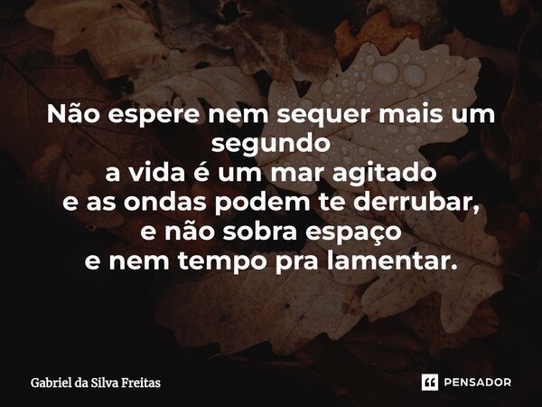 ⁠Não espere nem sequer mais um segundo a vida é um mar agitado e as ondas podem te derrubar, e não sobra espaço e nem tempo pra lamentar.... Frase de Gabriel da Silva Freitas.