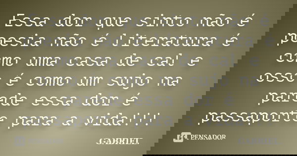 Essa dor que sinto não é poesia não é literatura é como uma casa de cal e osso é como um sujo na parede essa dor é passaporte para a vida!!!... Frase de Gabriel.