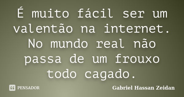 É muito fácil ser um valentão na internet. No mundo real não passa de um frouxo todo cagado.... Frase de Gabriel Hassan Zeidan.