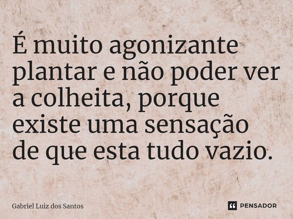 ⁠É muito agonizante plantar e não poder ver a colheita, porque existe uma sensação de que esta tudo vazio.... Frase de Gabriel Luiz dos Santos.